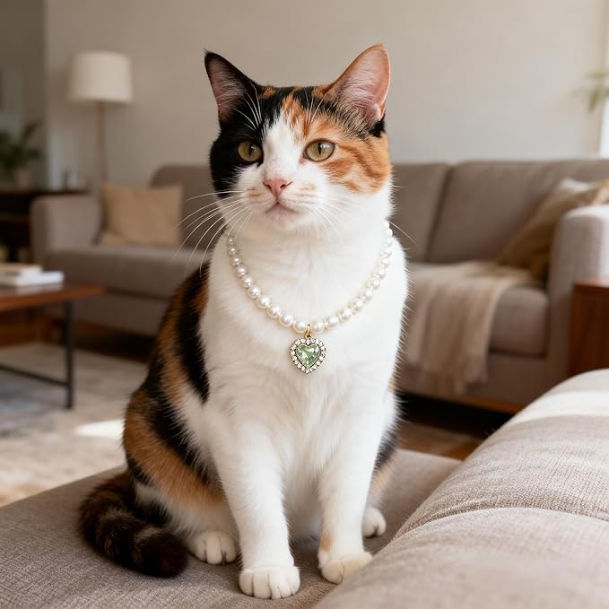 Cat Dog Sparkle Jewelry Pearl Collar Puppy Kitten Rhinestone Pendant Adjustable Charm Necklace for Small Pets Wedding Photography 2 Pack (Green and Ruby Red)