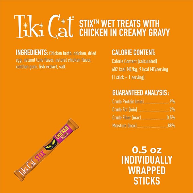 Tiki Cat Stix Mousse Treats,Single Serve Indulgent Lickable Treat or Dry Food Topper,with Chicken in Creamy Gravy,0.5 oz. Servings,(Pack of 40)