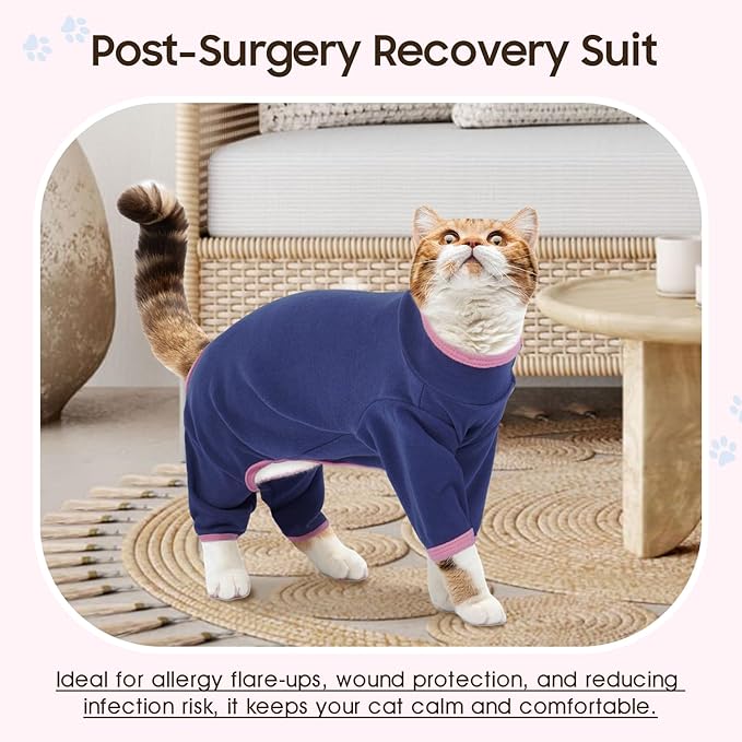 DENTRUN Cat Clothes for Hair Control with Hair Sticky Fabric - Soft Recovery Suit & Breathable Lint-Resistant Cat Sweater for Cats Only, Kitten Onesie Pajamas, S, Blue