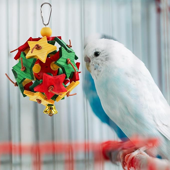 Interactive Bird Toy with Wooden Star Blocks & Leather Knots – Hanging Foraging Ball with Bell for Parrots, Cockatiels, Conures | Cage Climbing & Beak Exercise Toy