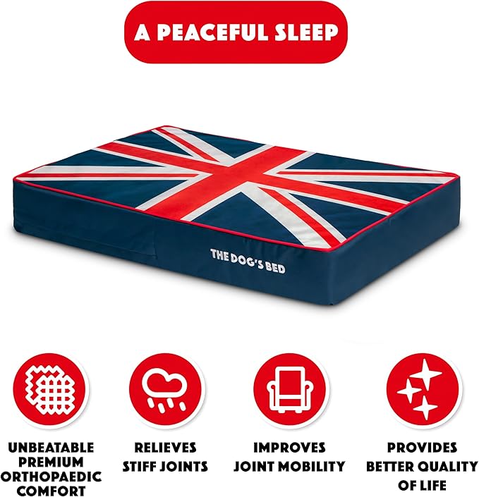 The Dog’s Bed Orthopedic Memory Foam Dog Bed Mattress, Oxford Fabric, Blue & Red Trim UK Center Flag, Large, 6-Inch