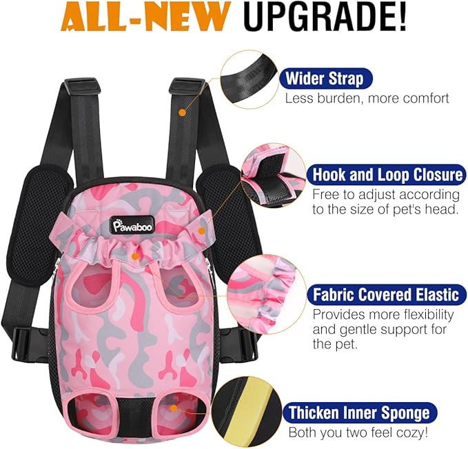 Pawaboo Adjustable Carrier Backpack for Dog Cat, Pet Front Dog Carrier Purses Cat Travel Bag, Legs Out, Easy-Fit for Traveling Hiking for Small Dogs Cats Puppies, S, Pink Camouflage