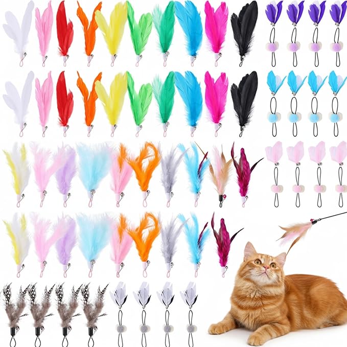 60 Pcs Cat Wand Feather Toys Refill Colorful Cat Wand Replacement Feathers Toy for Interactive Kitten Fishing Pole Feather Attachments with Bells for Stray Cats to Exercise
