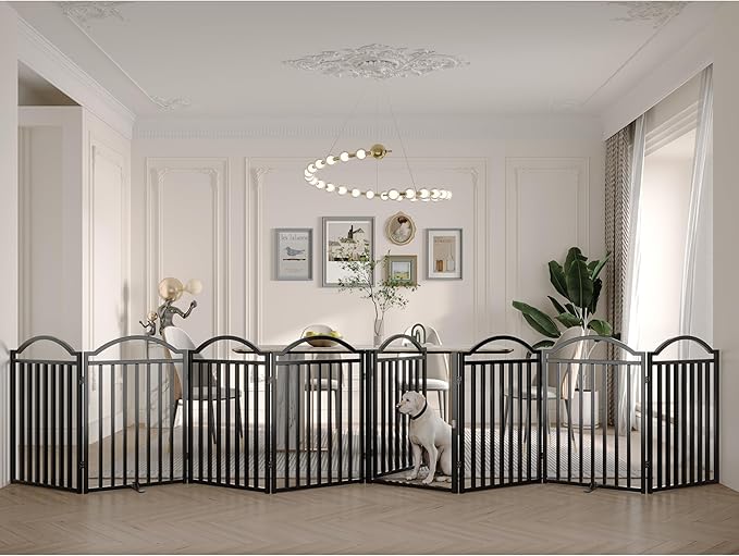 BHG Metal No-Assembly Freestanding Dog Gate with Door Walk Through, Extra Wide 96", Extra Tall 32" Pet Gate, Accordion Puppy Folding Playpen Dog Fence, with 4PCS Support (Black, 8 Panels)
