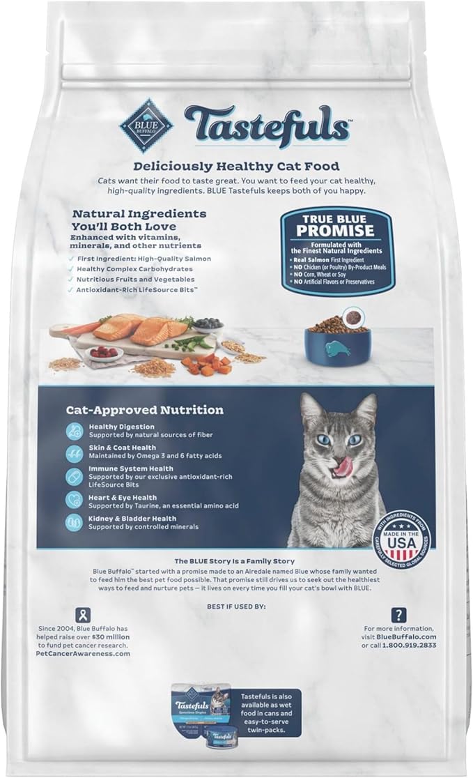 Blue Buffalo Tastefuls Natural Dry Food for Adult Indoor Cats, Salmon & Brown Rice Recipe, 5-lb. Resealable Bag