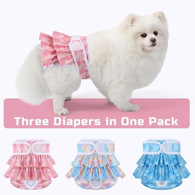 Reusable Dog Diapers Female 3 Pack Doggie Diapers for Period Heat Incontinence Puppy Training (Small, Watercolor)