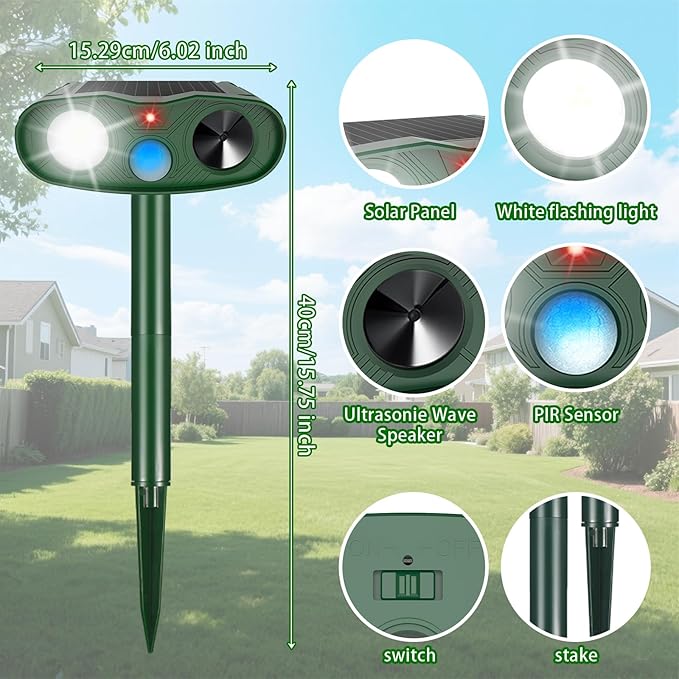 2 Pack Ultrasonic Animal Repellent Outdoor, Solar Deer Repellent Motion Sensor Cat Squirrel Rabbit Repeller, Waterproof Dog Raccoon Deterrent with LED Strobe Flash Lights