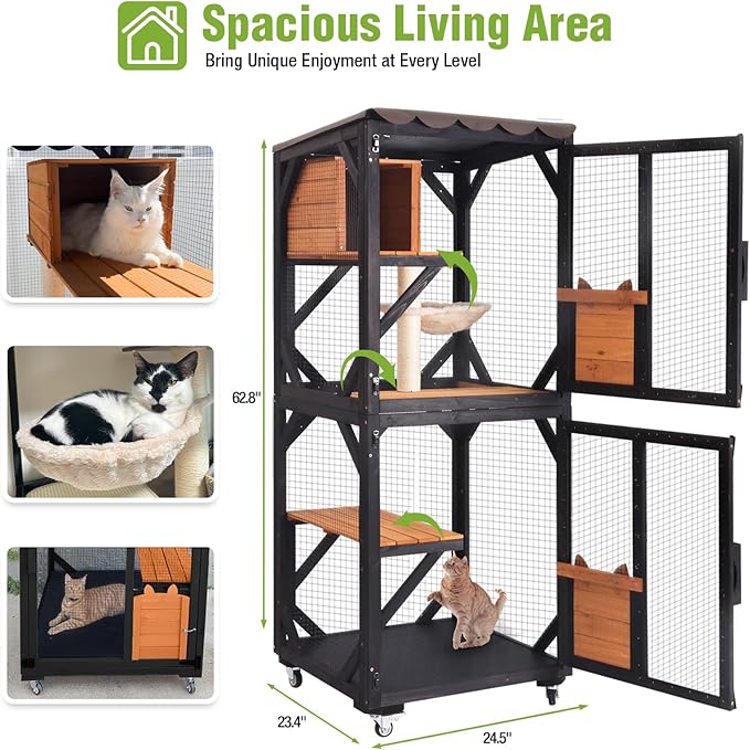 GUTINNEEN Catio Outdoor Cat Enclosure Mobile Cat House Indoor On Wheels with Scratch Post, Hammock, Resting Box, Platform, Tarp Roof 62.8", Black