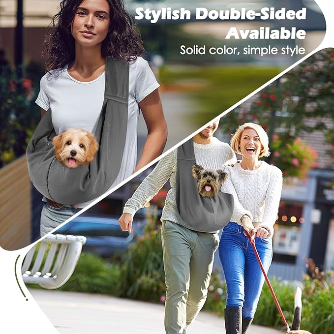 Pawaboo Small Dog Sling Carrier, Reversible Hands Free Dog Sling Carriers for Small Dogs and Cats, Puppy Slings Carrier with Adjustable Strap Buckle & Safety Harness, Puppy Essentials, Dark Gray