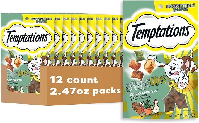 Temptations Cat Treat ShakeUps, Crunchy and Soft Cat Treats, Clucky Carnival, 2.47 oz. Pouches (Pack of 12)