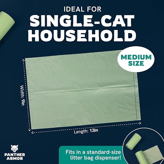 Panther Armor Compostable Cat Litter Bags for Poop - 100x Unscented Pet Waste, 13x9in Leak Proof Kitty Litter Disposal - Odor Proof, Easy Open Dispenser Box of Cat Poop