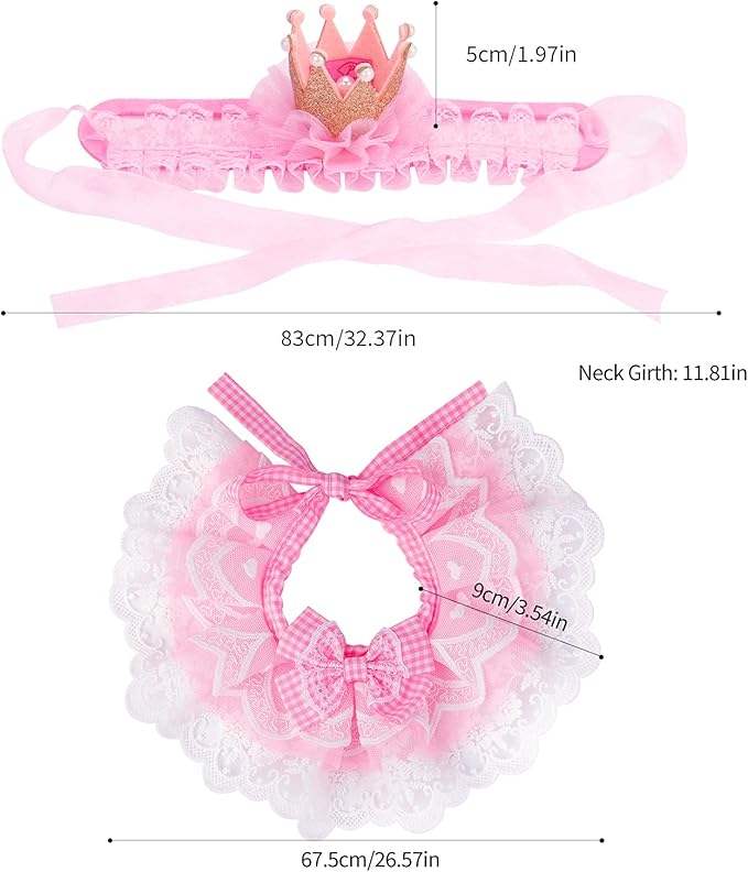 Legendog Cat Bandana, Princess Costume, Cute Lace Dog Bandanas and Crown Accessories for Small Dogs, Pink Outfit for Birthday Party (B-Pink)