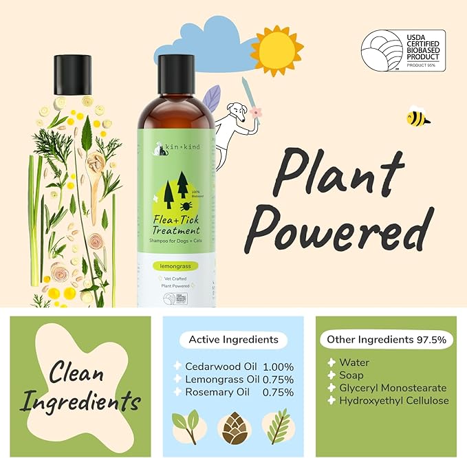kin+kind Cat & Dog Shampoo Flea and Tick Vet Formulated - Natural Flea and Tick Prevention for Dogs - Plant Powered Shampoo w/Coconut & Olive Oil - Pet Supplies - Lemon Grass - Made in USA 12 fl oz