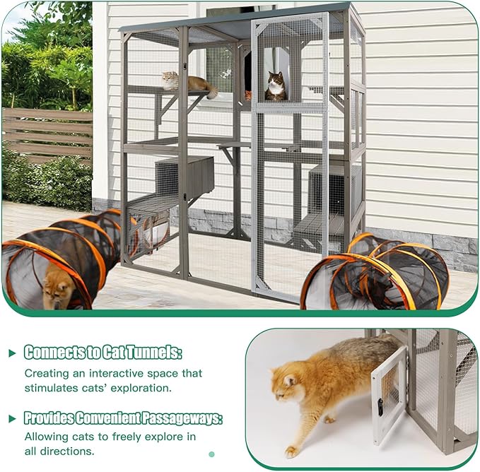 PetsCosset Outdoor Cat Catio Enclosures Large Wooden Cat House Patio for Indoor Cats Feral Cat Shelter with 2 Espace Doors, 2 Resting Rooms, 5 Platforms, Removable Waterproof Cover 67.7" H
