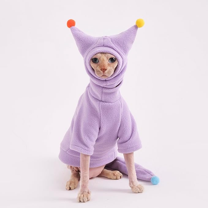 Sphynx Cat Clothes, Warm Cat Jumpsuit with Hat and Tail Cover, Full Set for Hairless Cats, Cornish Rex and Devon Rex (Purple, L(6.5-8lbs))