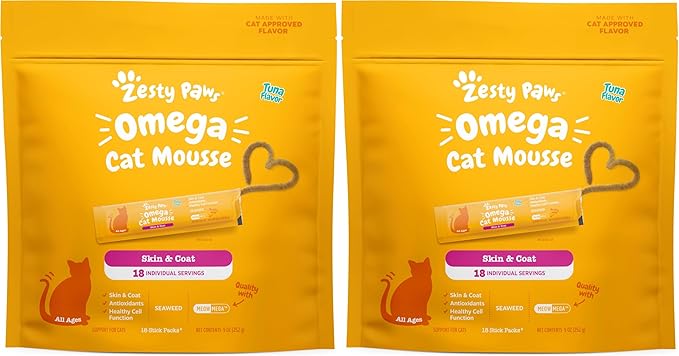 Zesty Paws Omega Cat Mousse Squeezable Cat Treats - with Seaweed, Omega Fatty Acids, Antioxidants Vitamins & Minerals - Skin & Coat Support for Cats - Tuna Fish Flavor - 18 Count (Pack of 2)