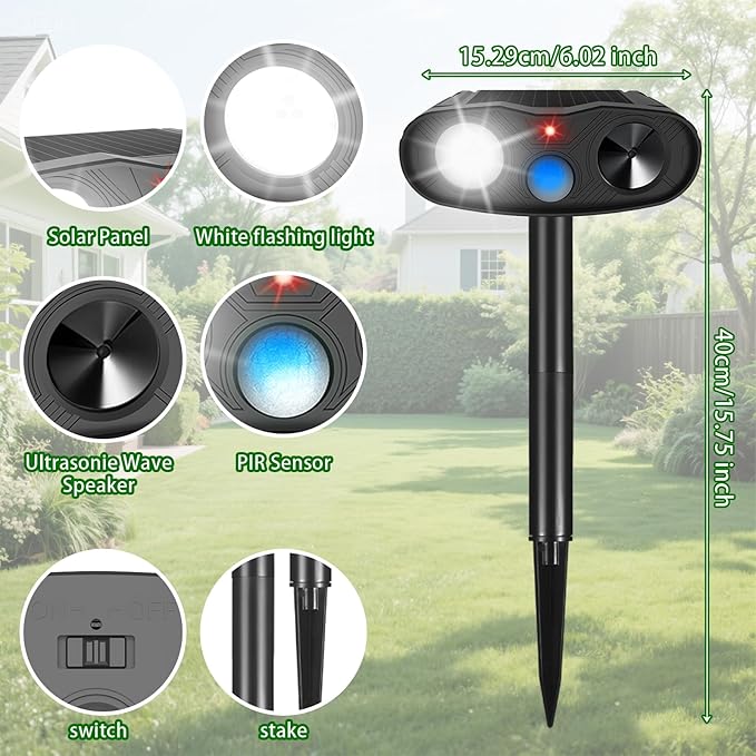 Solar Ultrasonic Animal Repeller Racoon Sonic Fortress Pro Cat Repellent Outdoor, Dog Repellent for Yard with Motion Sensor&Flash Light to Scare Deer Rabbit Coyote Squirrel Out of Garden Farm(4Pack)