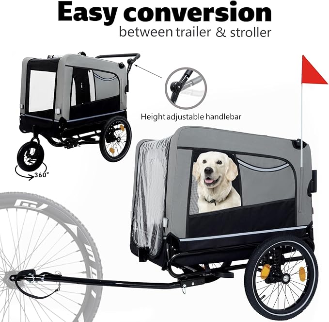 Extra Large Dog Bike Trailer, 2-in-1 Convertible Pet Stroller Cart Bicycle Carrier with Swivel Wheels & Universal Hitch, Foldable Pet/Cargo Carrier for Bicycles Camping Hiking