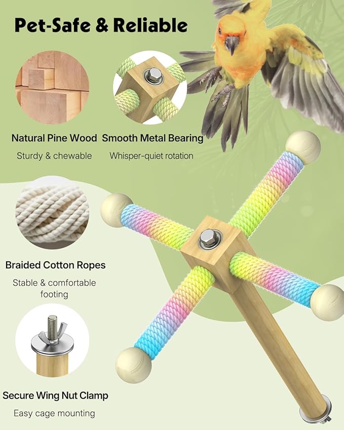 Pawfly 360° Rotating Bird Perch Toy, Interactive Spinning Bird Stand Parrot Perch, Natural Wooden Chew Toy for Small Birds, Cockatiel Toy, Parakeet Toy, Bird Toys for Parakeets, Bird Cage Accessories