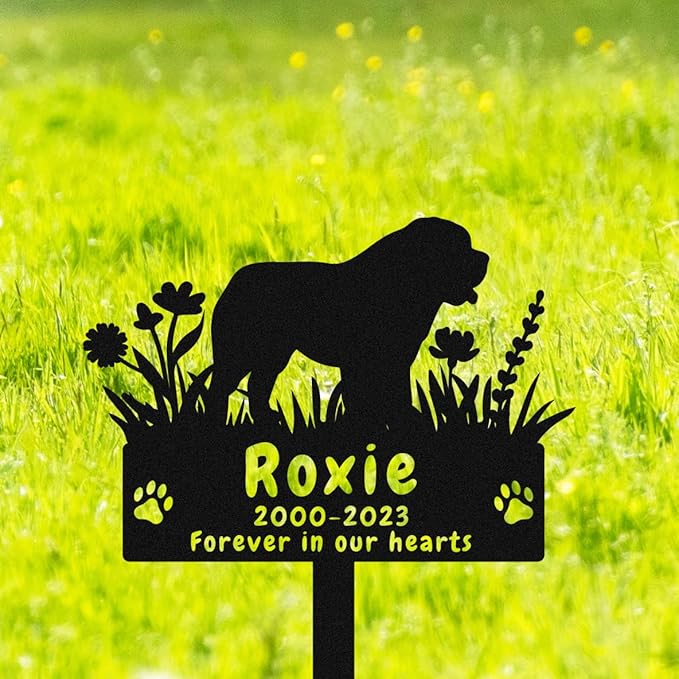 Custom Dog St Bernard Memorial Grave Stake Marker, Personalized St Bernard Dog Memorial Stake Grave Marker, Customized Flowers Dog Grave Marker Tombstone Outdoor Metal Dog Memorial Plaque