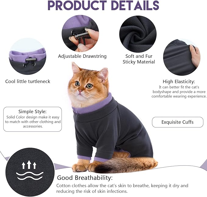 Sticky Cat Clothes Stretchy, Sphynx Hairless Sweater & Pajamas for Cats only, Soft Cat Onesie for Cats After Surgery Female Male & Hair Loss Prevention, Black XL