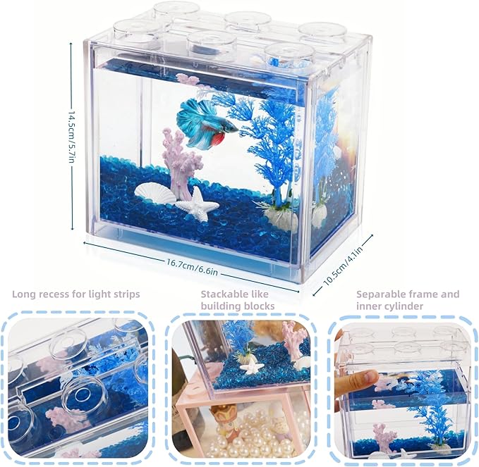 Small Betta Fish Tank, Mini Fish Tank Aquarium Tank Kit with Blue Gravel & Resin Decorations, 0.6 Gallon Stackable Fish Bowl Tiny Desktop Aquarium for Sea Monkey Shrimp