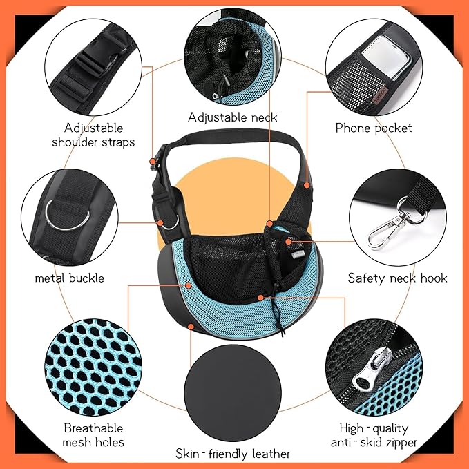 YUDODO Pet Sling Carrier for 5-9 lbs Small Dogs & Cats – Hands-Free Puppy Carrier with Safety Hook, Large Zipper Pocket, Soft Breathable Mesh, Adjustable Strap & Reflective Strip (Cyan 3.0 M)