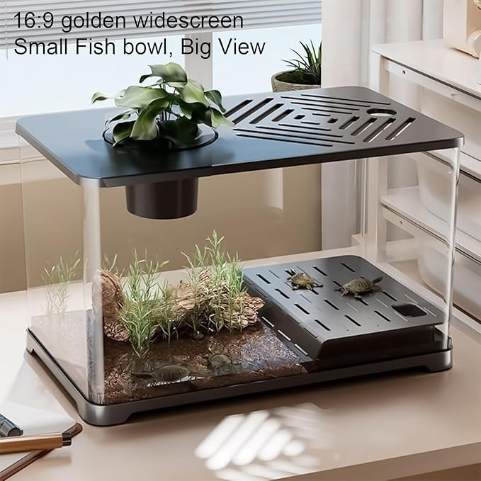 Aquarium Tank - Spacious Glass Fish Tank Setup for Betta Shrimp, Modern Desktop Habitat with Turtle Perch and LED Lighting, Ideal for Home Decor and Plant Cultivation