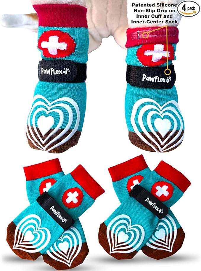 Medical First-Aid Double Sided Anti-Slip Cotton Dog Socks | PawFlex Comfy Pawz Silicone Nonslip at Inner Cuff for No Twisting or Sliding Off | Pet Paw Protection |Wound Care | Traction Control