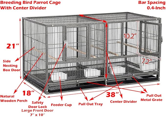 Single Stackable Center Divided Breeder Breeding Bird Flight Double Rolling Cage for Aviaries Canaries Cockatiels Finches Budgies Small Parrots (Without Stand)