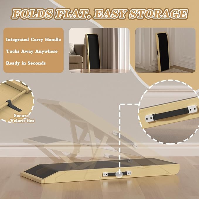 Dog Ramp for Couch - 4-Level Adjustable (8.6"-20.9") & Wider Foldable Pet Ramp for Small Dogs, Non-Slip EVA Mat with Glow Strips, Solid Birchwood Supports 200Lbs