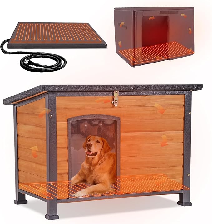 GUTINNEEN Extra Large Heated Dog House Outdoor Insulated Dog House Weatherproof Dog Kennel with Thermostat-Controlled Heating Pad, 6-Sided Thermal Liner, Chew-Proof Metal Frame for Large Dog Breeds,XL