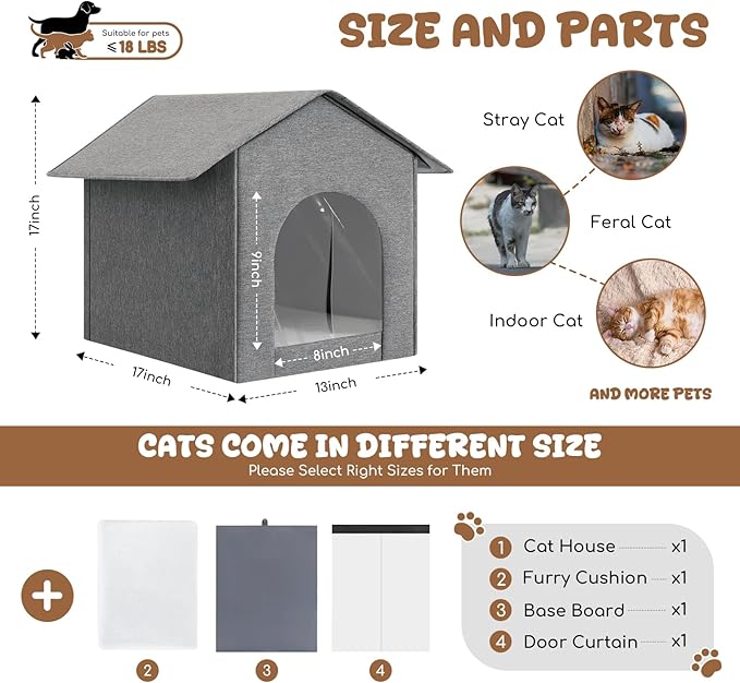 Outdoor Cat House Weatherproof, Insulated Cat Houses for Outdoor/Indoor Cats for Winter, Waterproof Feral Stray Cat Shelter with Door Curtain and Warm Cushion, Easy to Assemble, Grey