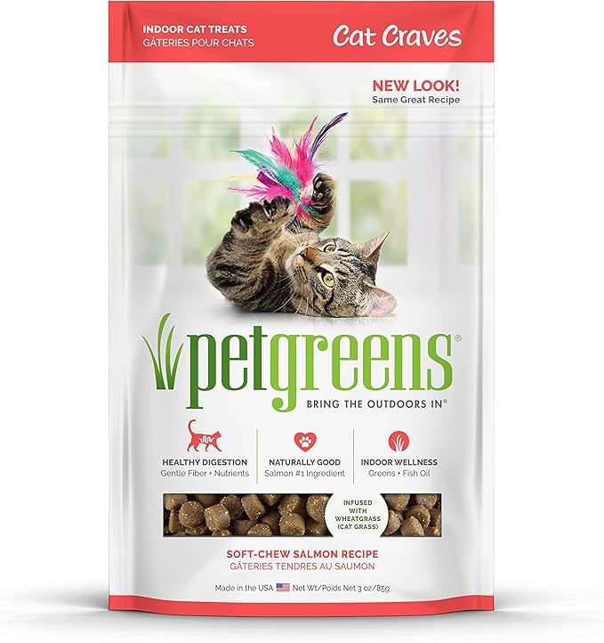 Pet Greens Soft-Chew Indoor Cat Treats Infused with 4 Pack of Semi-Moist Craves Savory Salmon, Deep Sea Tuna, Roasted Chicken and Turkey and Duck Flavored Treats