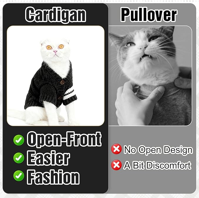 EXPAWLORER Cat Sweater Cardigan - Stylish Knitted Cat Clothes, British Style Soft Puppy Sweater with Sleeve Warm Pet Clothing Knitwear, Fall and Winter Kitten Coat for Girl Boy Cats, Black Small