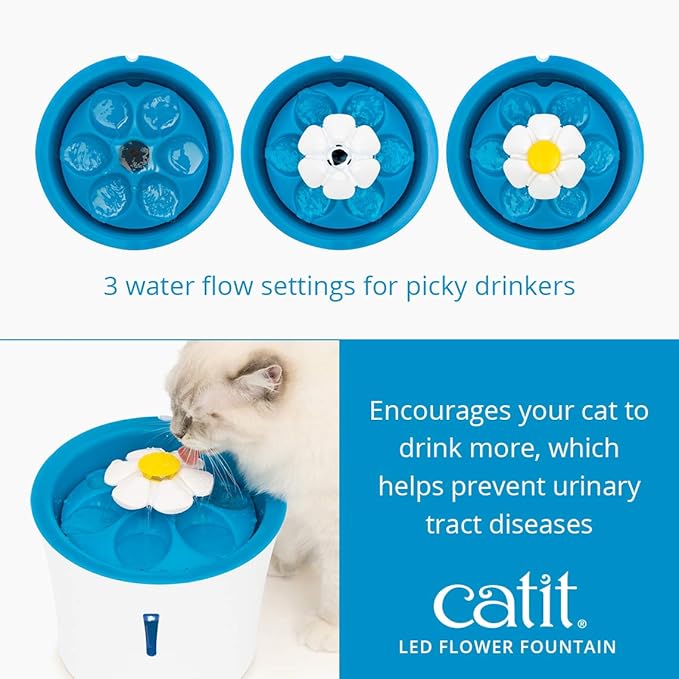 Catit LED Flower Fountain with Triple Action Filter, Cat Drinking Water Fountain, 3 L