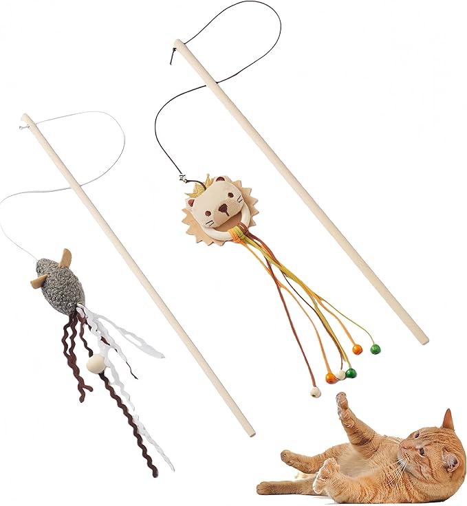 NOWFRESH Cat Wand Toy Set, 2 PCS Interactive Cat Teaser Wands with Cute Lion & Mouse Designs, Equipped with Bells and Streamers to Captivate Your Cat’s Attention