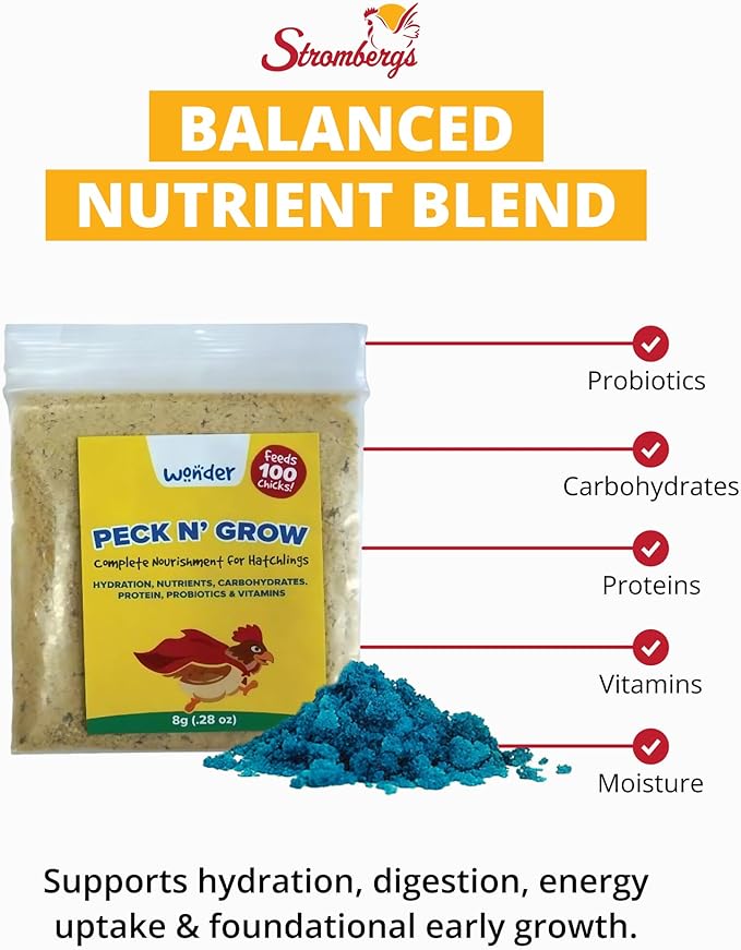 Stromberg's Peck n' Grow, Balanced Hatchling Nutrition Supplement with Probiotics and Essential Vitamins, Instinct-Promoting Chick Starter Formula for Strong Early Growth, 0.28 oz Pack for 100 Chicks