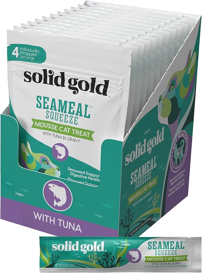 Solid Gold SeaMeal Squeeze Tuna Lickable Cat Treats with Seaweed for Skin & Coat - Wet Cat Treats with Digestive & Immune Health Support - Natural, Holistic, Grain Free (48 Squeezes)