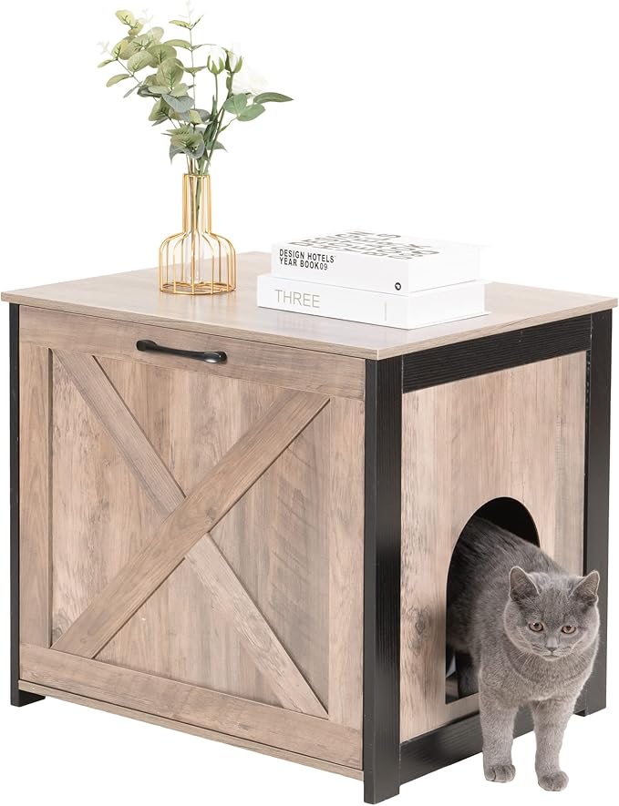 Dwanton Cat Litter Box Furniture Hidden, Cat Litter Box Enclosure, Reversible Entrance Can Be on Left or Right Side, Indoor Cabinet, Wooden Washroom, End Table, Nightstand, Greige, 23.6" L