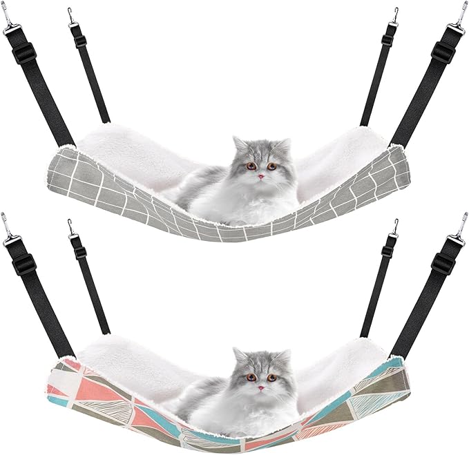 Jetec 2 Pack Cat Hammock for Cage, Catio Accessories Reversible Soft Cats Bed with Adjustable Straps and Hooks Double-Sided Linen and Fleece Hanging Hammock for Cats, Kitten(Geometry Pattern,L)