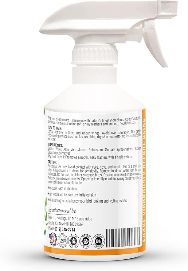 Bird Aloe Vera Spray – Soft Feathers Conditioner & Skin Moisturizer -16 OZ- for Parrots, Cockatiels, Conures & All Birds – Natural Aloe Mist for Molting Relief, Sooths Itchy Dry Skin Feather Plucking