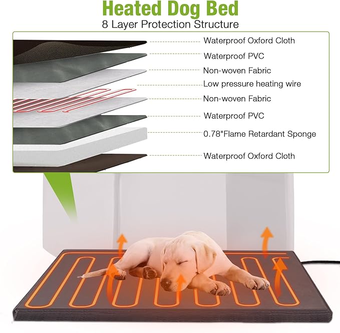 GUTINNEEN 39.7" L Heated Dog House Outdoor Insulated Winter Dog Kennel with Thermostat-Controlled Heating Pad, Chew-Proof Metal Frame and 6-Sided Insulated Liner for Medium to Large Dogs, Brown