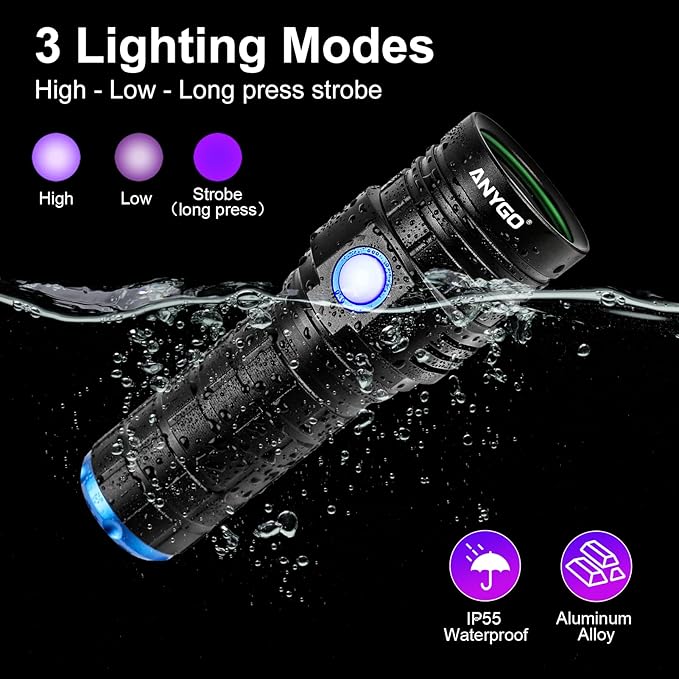 365nm Black Light Flashlight with Black Filter, High Power Rechargeable UV Flashlight, Ultraviolet Bright UV Led Torch for Pet Urine & Bed Bug Detector, Scorpions, Dry Stains, Rock Hunting