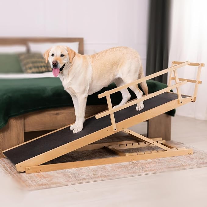 Dog Ramp for Bed with Safety Rails for High Beds up to 37" – Extra Wide 19.5" Adjustable Dog Bed Ramp for Large Dogs up to 200 lbs – Solid Birchwood, Non-Slip Rubber Surface, Foldable Design – Natural