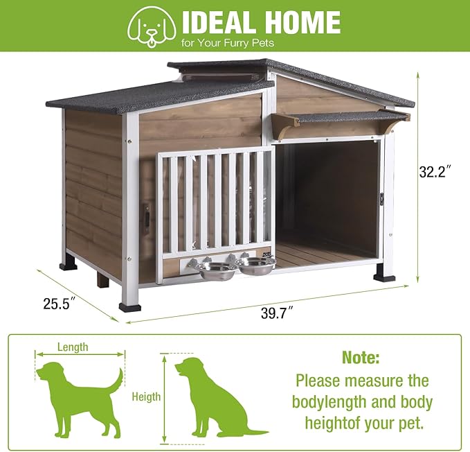 GUTINNEEN Large Outdoor Insulated Dog House Weatherproof Dog Kennel Dog Shelter with Chew-Proof Full Metal Frame, 360° Rotatable Spill-Proof Bowl, Openable Roof for Large Dog Breeds, 39.7" L