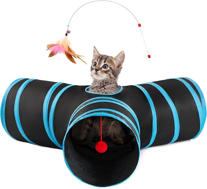 Love’s Cabin Cat Tunnel for Indoor Cats, 3-Way Collapsible Play Tunnel with Teaser Wand, Peek Holes & Toy Ball, Small Pet Toy for Kittens & Rabbits, Black & Blue, Small Size