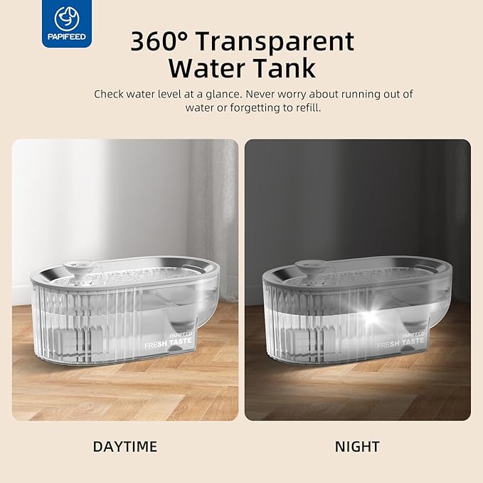 Cat Water Fountain Stainless Steel with a Silicone Mat, 84oz/2.5L Automatic Cat Water Fountain with Water Level Window and LED Light, Quiet Low Power Cat Water Bowl & Cat Water Dispenser(White)
