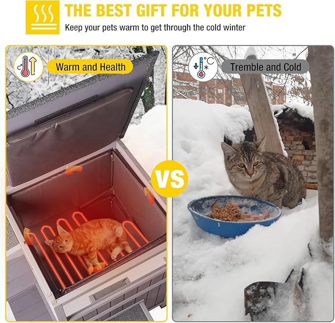 Heated Cat House Outdoor Cat House Insulated Freal Cat Shelter with Heated Pad- Large Outside Insulated Cat Condo for Winter