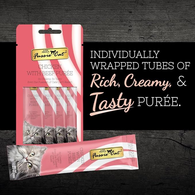 Fussie Cat Chicken and Beef Puree, lickable cat Treats, 0.5oz Pouch Pack of 4